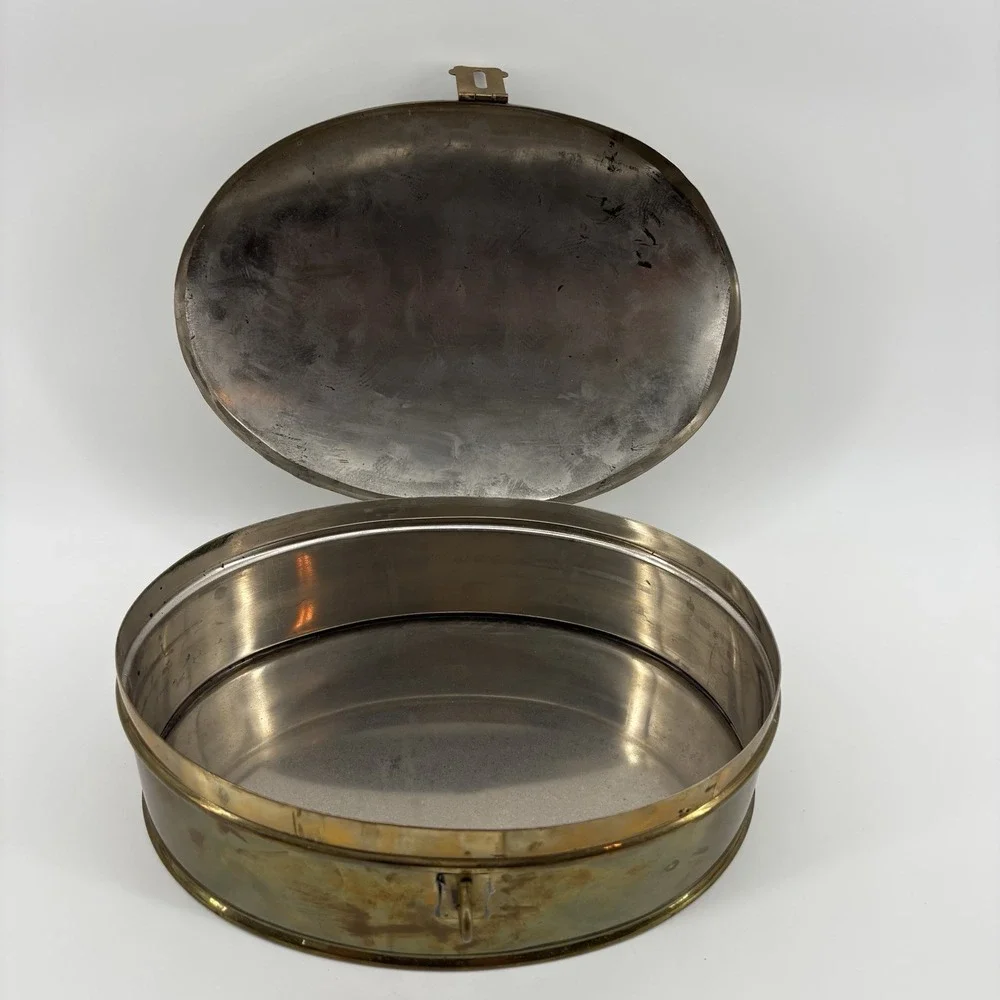 Vintage Brass Chinese Longevity Jewelry Trinket Keepsake Box, Oval, 11